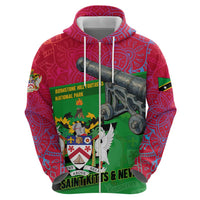Saint Kitts and Nevis Apparel Zip Hoodie with National Coat of Arms and Cannon Graphic in Red and Green Cultural Pattern Design - Wonder Print Shop