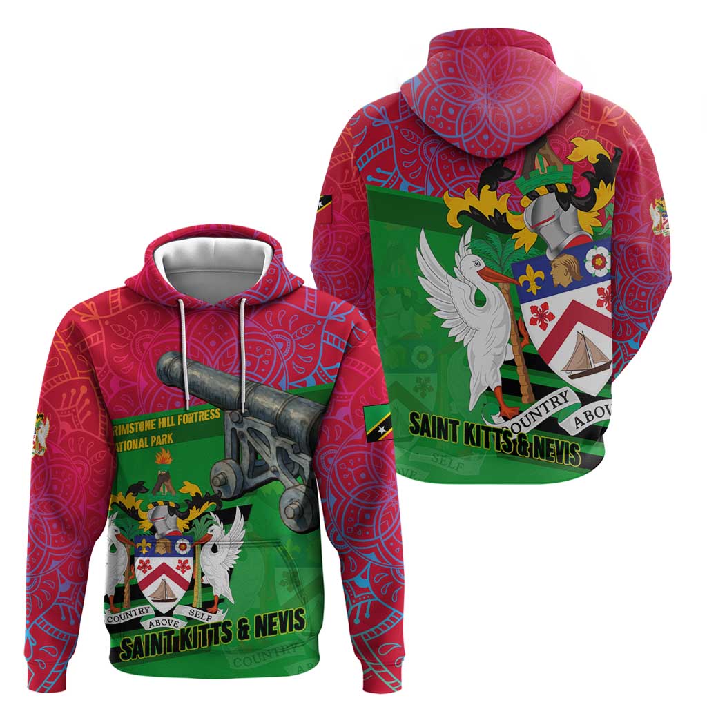 Saint Kitts and Nevis Apparel Zip Hoodie with National Coat of Arms and Cannon Graphic in Red and Green Cultural Pattern Design - Wonder Print Shop