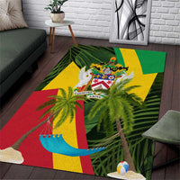 Saint Kitts and Nevis Apparel Area Rug with Coat of Arms, Palm Trees, and Hammock Graphic in Tropical Green and Flag-Inspired Design - Wonder Print Shop