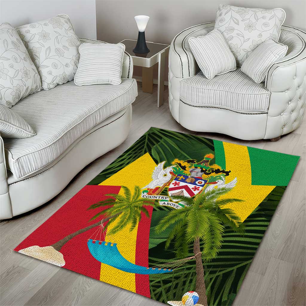 Saint Kitts and Nevis Apparel Area Rug with Coat of Arms, Palm Trees, and Hammock Graphic in Tropical Green and Flag-Inspired Design - Wonder Print Shop