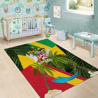Saint Kitts and Nevis Apparel Area Rug with Coat of Arms, Palm Trees, and Hammock Graphic in Tropical Green and Flag-Inspired Design - Wonder Print Shop