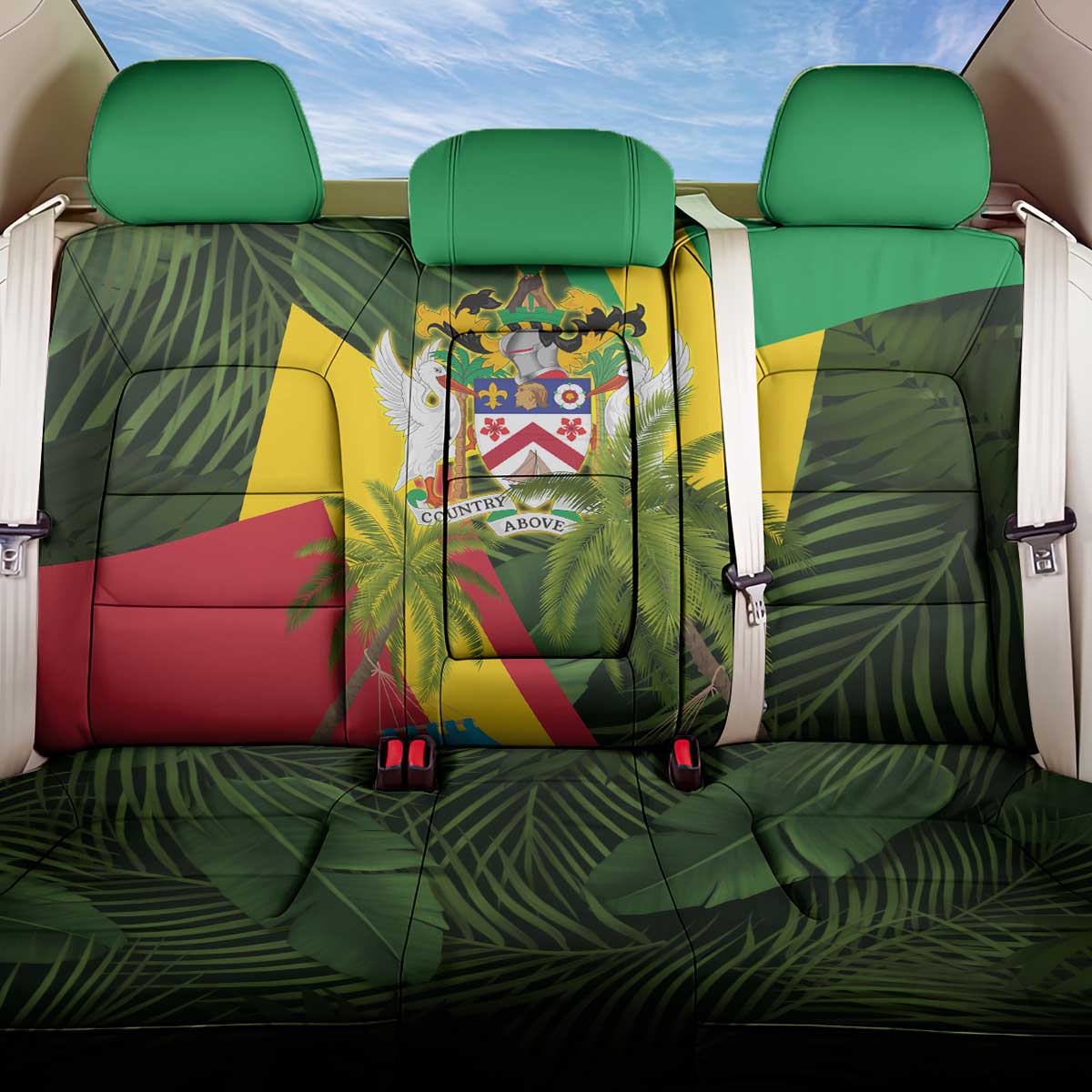 Saint Kitts and Nevis Apparel Back Car Seat Cover with Coat of Arms, Palm Trees, and Hammock Graphic in Tropical Green and Flag-Inspired Design - Wonder Print Shop