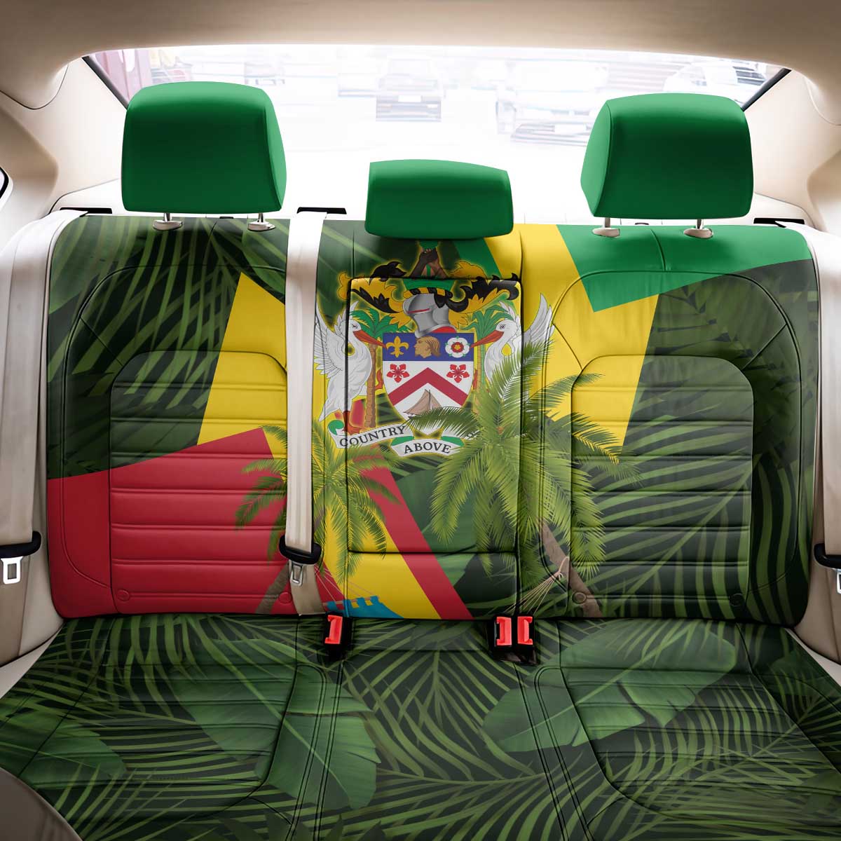 Saint Kitts and Nevis Apparel Back Car Seat Cover with Coat of Arms, Palm Trees, and Hammock Graphic in Tropical Green and Flag-Inspired Design - Wonder Print Shop