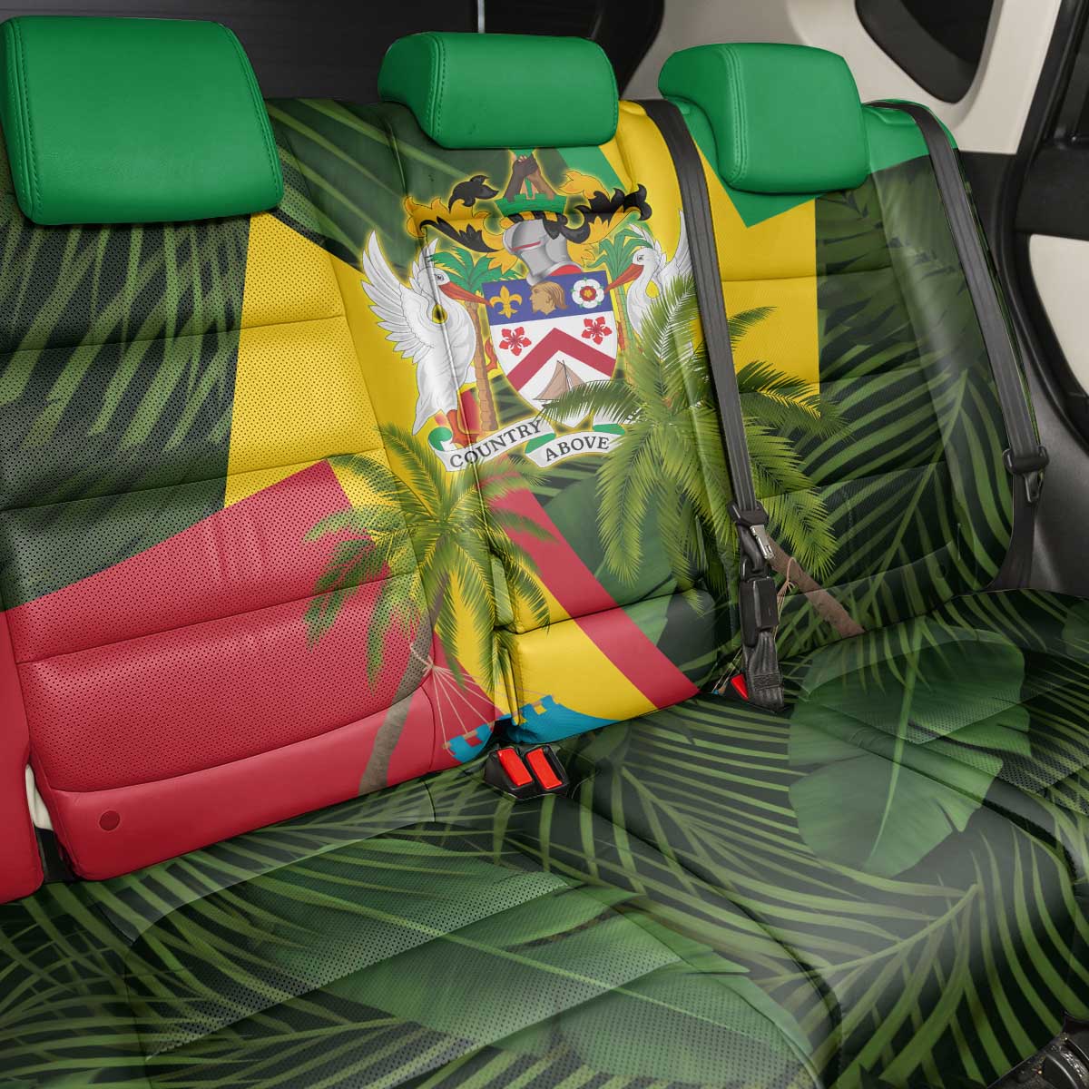 Saint Kitts and Nevis Apparel Back Car Seat Cover with Coat of Arms, Palm Trees, and Hammock Graphic in Tropical Green and Flag-Inspired Design - Wonder Print Shop