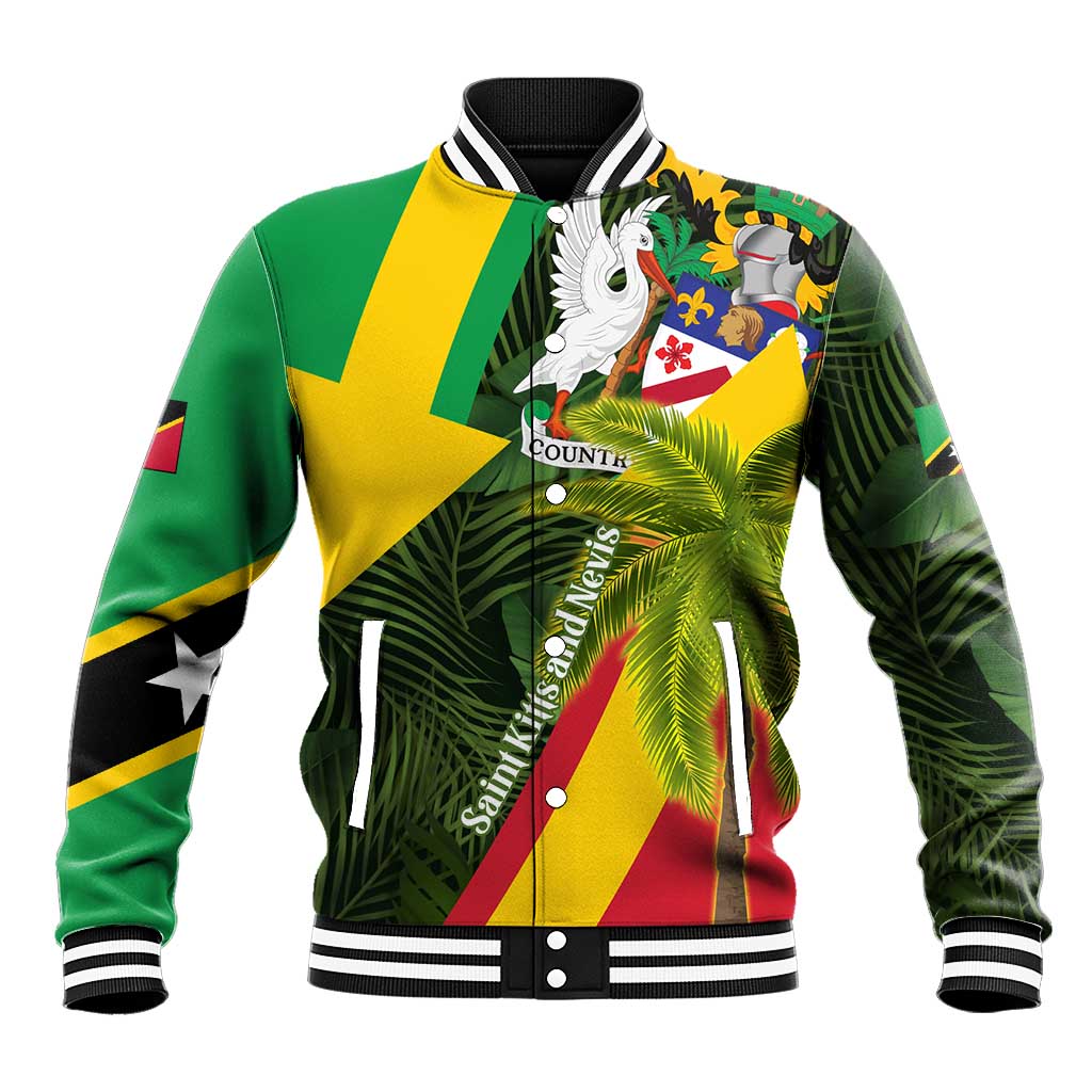 Saint Kitts and Nevis Apparel Baseball Jacket with Coat of Arms, Palm Trees, and Hammock Graphic in Tropical Green and Flag-Inspired Design - Wonder Print Shop