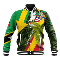 Saint Kitts and Nevis Apparel Baseball Jacket with Coat of Arms, Palm Trees, and Hammock Graphic in Tropical Green and Flag-Inspired Design - Wonder Print Shop
