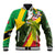 Saint Kitts and Nevis Apparel Baseball Jacket with Coat of Arms, Palm Trees, and Hammock Graphic in Tropical Green and Flag-Inspired Design - Wonder Print Shop