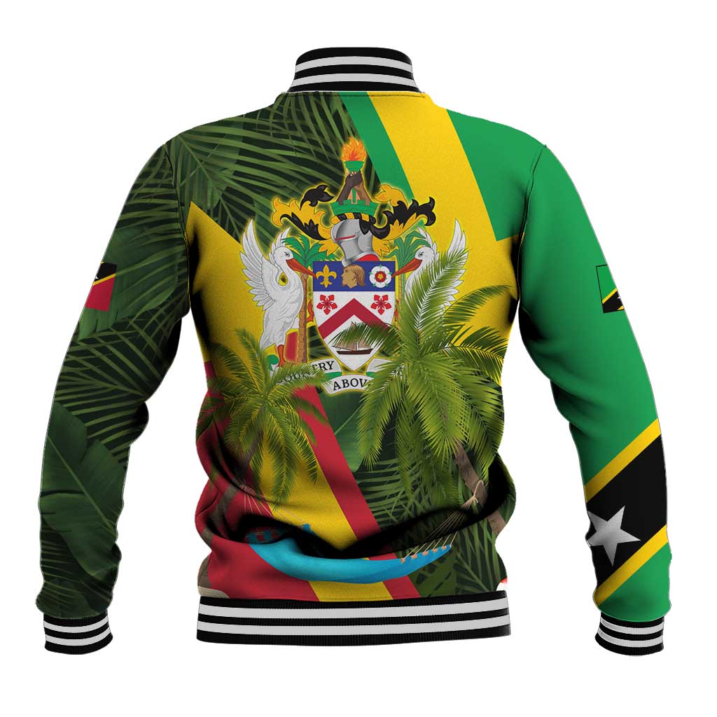 Saint Kitts and Nevis Apparel Baseball Jacket with Coat of Arms, Palm Trees, and Hammock Graphic in Tropical Green and Flag-Inspired Design - Wonder Print Shop