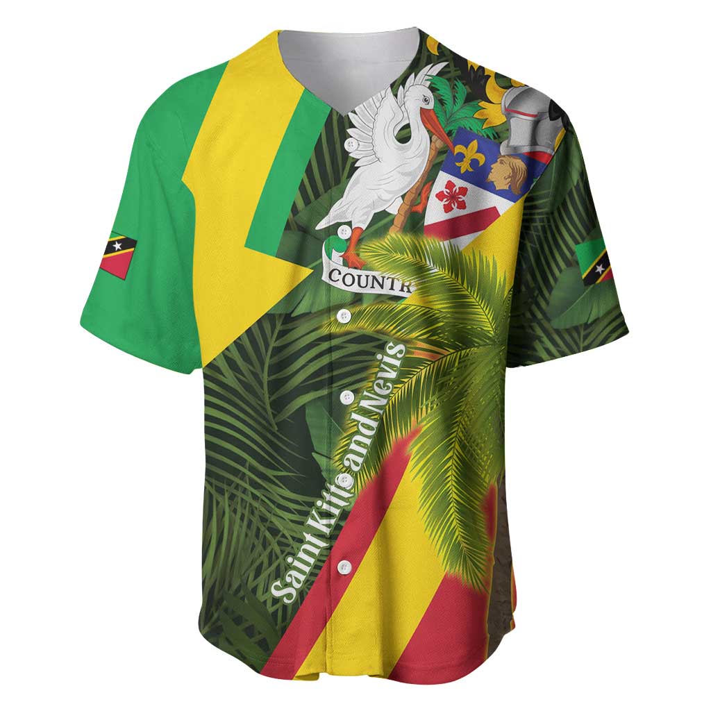 Saint Kitts and Nevis Apparel Baseball Jersey with Coat of Arms, Palm Trees, and Hammock Graphic in Tropical Green and Flag-Inspired Design - Wonder Print Shop