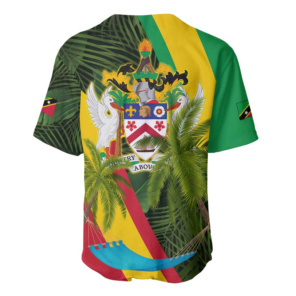Saint Kitts and Nevis Apparel Baseball Jersey with Coat of Arms, Palm Trees, and Hammock Graphic in Tropical Green and Flag-Inspired Design - Wonder Print Shop