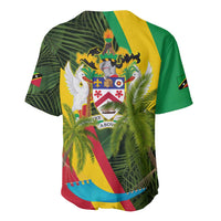 Saint Kitts and Nevis Apparel Baseball Jersey with Coat of Arms, Palm Trees, and Hammock Graphic in Tropical Green and Flag-Inspired Design - Wonder Print Shop