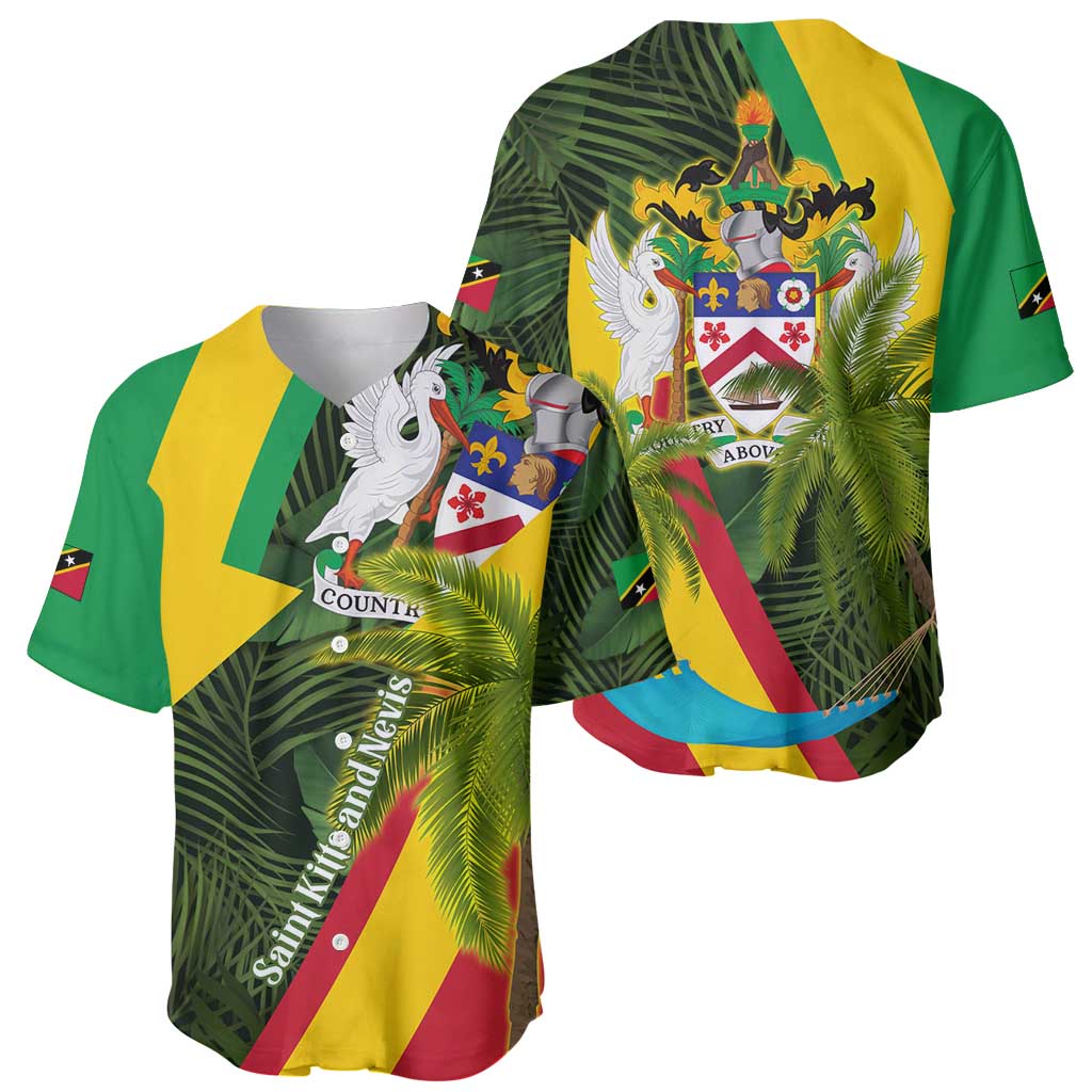 Saint Kitts and Nevis Apparel Baseball Jersey with Coat of Arms, Palm Trees, and Hammock Graphic in Tropical Green and Flag-Inspired Design - Wonder Print Shop