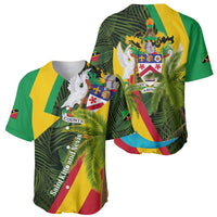 Saint Kitts and Nevis Apparel Baseball Jersey with Coat of Arms, Palm Trees, and Hammock Graphic in Tropical Green and Flag-Inspired Design - Wonder Print Shop