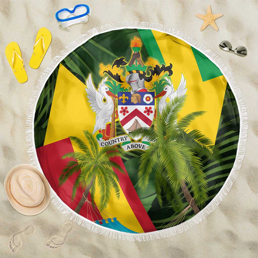Saint Kitts and Nevis Apparel Beach Blanket with Coat of Arms, Palm Trees, and Hammock Graphic in Tropical Green and Flag-Inspired Design - Wonder Print Shop