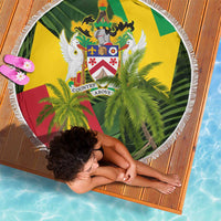 Saint Kitts and Nevis Apparel Beach Blanket with Coat of Arms, Palm Trees, and Hammock Graphic in Tropical Green and Flag-Inspired Design - Wonder Print Shop