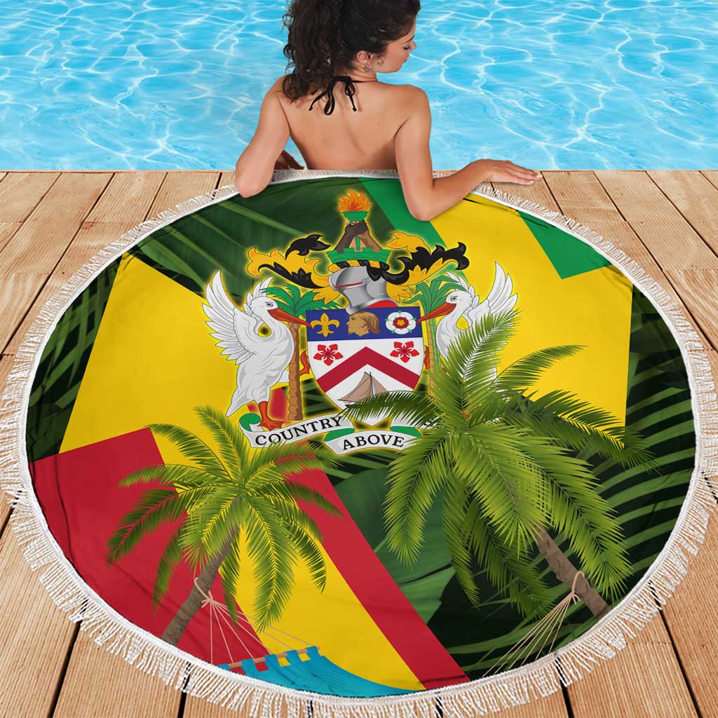 Saint Kitts and Nevis Apparel Beach Blanket with Coat of Arms, Palm Trees, and Hammock Graphic in Tropical Green and Flag-Inspired Design - Wonder Print Shop