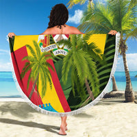 Saint Kitts and Nevis Apparel Beach Blanket with Coat of Arms, Palm Trees, and Hammock Graphic in Tropical Green and Flag-Inspired Design - Wonder Print Shop