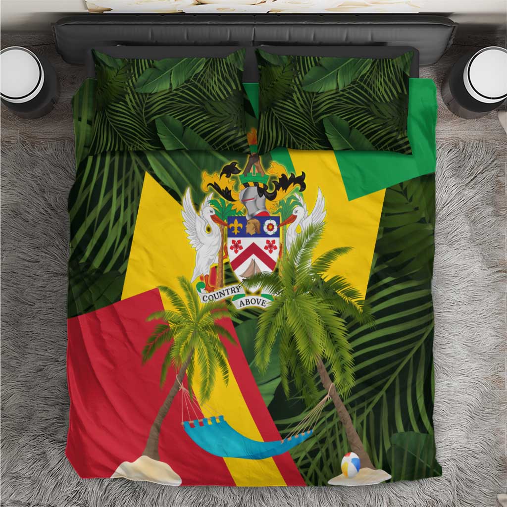 Saint Kitts and Nevis Apparel Bedding Set with Coat of Arms, Palm Trees, and Hammock Graphic in Tropical Green and Flag-Inspired Design - Wonder Print Shop