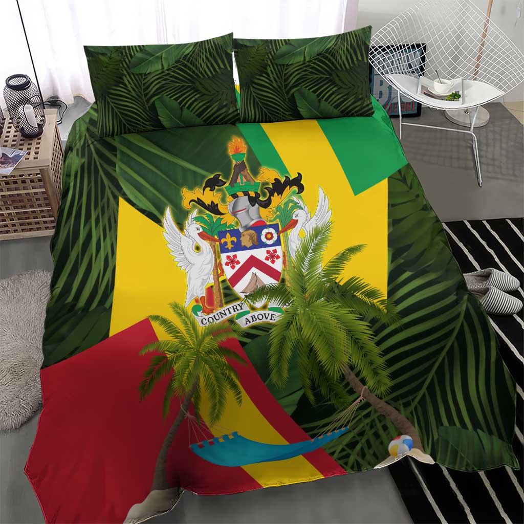 Saint Kitts and Nevis Apparel Bedding Set with Coat of Arms, Palm Trees, and Hammock Graphic in Tropical Green and Flag-Inspired Design - Wonder Print Shop