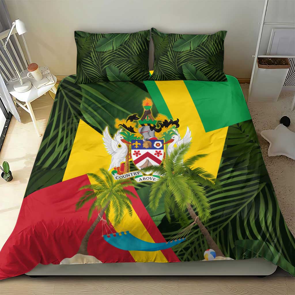 Saint Kitts and Nevis Apparel Bedding Set with Coat of Arms, Palm Trees, and Hammock Graphic in Tropical Green and Flag-Inspired Design - Wonder Print Shop