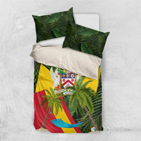 Saint Kitts and Nevis Apparel Bedding Set with Coat of Arms, Palm Trees, and Hammock Graphic in Tropical Green and Flag-Inspired Design - Wonder Print Shop