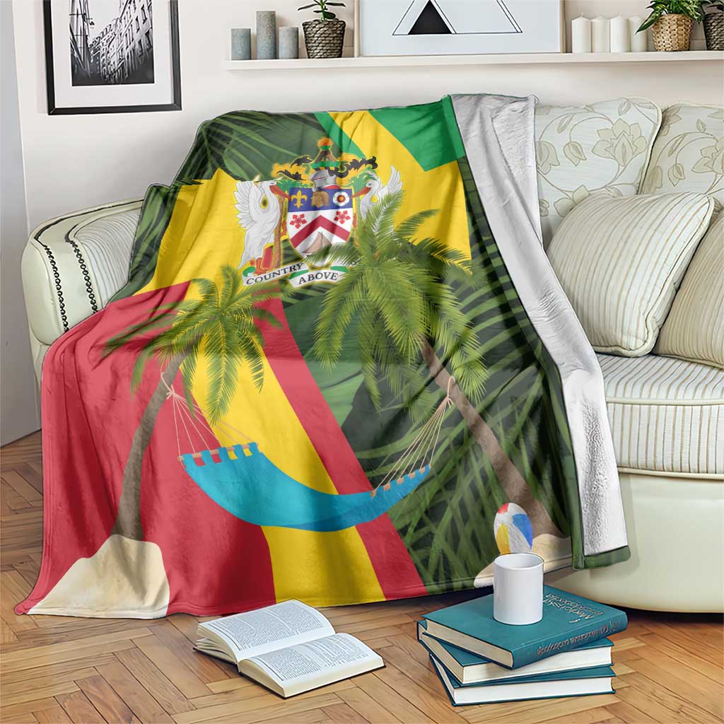 Saint Kitts and Nevis Apparel Blanket with Coat of Arms, Palm Trees, and Hammock Graphic in Tropical Green and Flag-Inspired Design - Wonder Print Shop