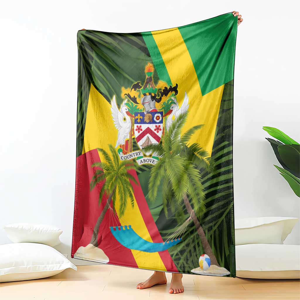 Saint Kitts and Nevis Apparel Blanket with Coat of Arms, Palm Trees, and Hammock Graphic in Tropical Green and Flag-Inspired Design - Wonder Print Shop