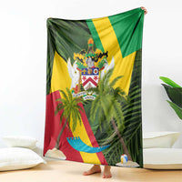 Saint Kitts and Nevis Apparel Blanket with Coat of Arms, Palm Trees, and Hammock Graphic in Tropical Green and Flag-Inspired Design - Wonder Print Shop