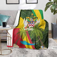 Saint Kitts and Nevis Apparel Blanket with Coat of Arms, Palm Trees, and Hammock Graphic in Tropical Green and Flag-Inspired Design - Wonder Print Shop
