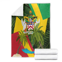 Saint Kitts and Nevis Apparel Blanket with Coat of Arms, Palm Trees, and Hammock Graphic in Tropical Green and Flag-Inspired Design - Wonder Print Shop