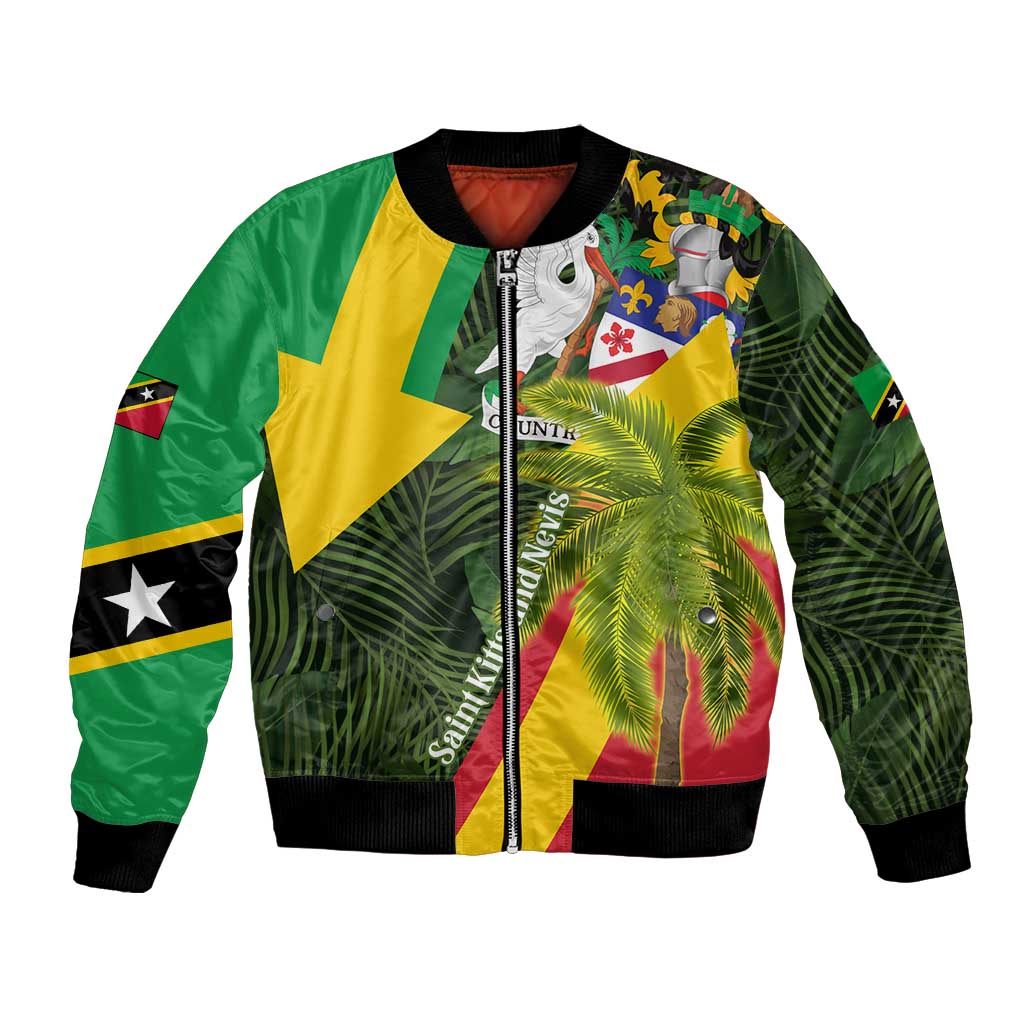 Saint Kitts and Nevis Apparel Bomber Jacket with Coat of Arms, Palm Trees, and Hammock Graphic in Tropical Green and Flag-Inspired Design - Wonder Print Shop