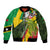 Saint Kitts and Nevis Apparel Bomber Jacket with Coat of Arms, Palm Trees, and Hammock Graphic in Tropical Green and Flag-Inspired Design - Wonder Print Shop