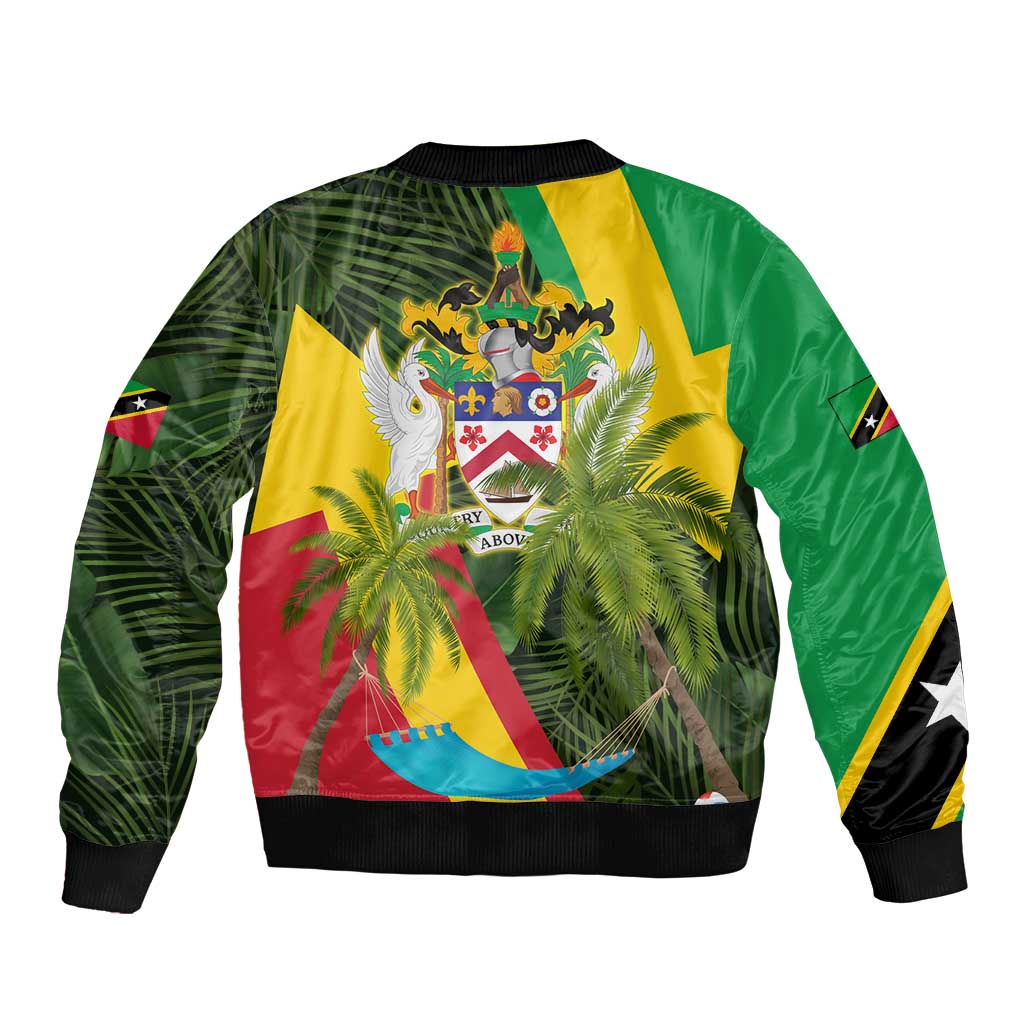Saint Kitts and Nevis Apparel Bomber Jacket with Coat of Arms, Palm Trees, and Hammock Graphic in Tropical Green and Flag-Inspired Design - Wonder Print Shop