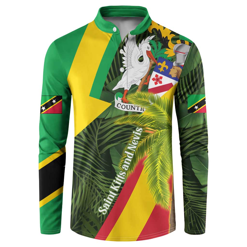 Saint Kitts and Nevis Apparel Button Sweatshirt with Coat of Arms, Palm Trees, and Hammock Graphic in Tropical Green and Flag-Inspired Design - Wonder Print Shop
