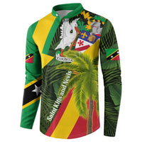 Saint Kitts and Nevis Apparel Button Sweatshirt with Coat of Arms, Palm Trees, and Hammock Graphic in Tropical Green and Flag-Inspired Design - Wonder Print Shop