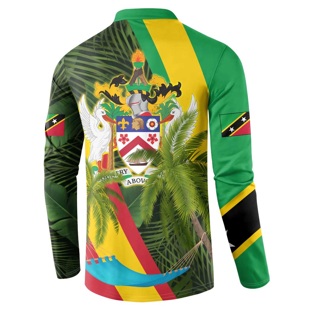 Saint Kitts and Nevis Apparel Button Sweatshirt with Coat of Arms, Palm Trees, and Hammock Graphic in Tropical Green and Flag-Inspired Design - Wonder Print Shop