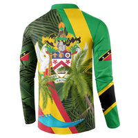 Saint Kitts and Nevis Apparel Button Sweatshirt with Coat of Arms, Palm Trees, and Hammock Graphic in Tropical Green and Flag-Inspired Design - Wonder Print Shop