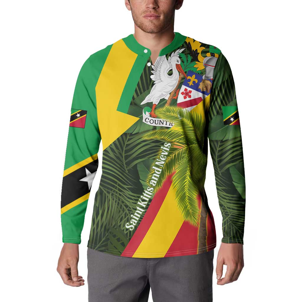 Saint Kitts and Nevis Apparel Button Sweatshirt with Coat of Arms, Palm Trees, and Hammock Graphic in Tropical Green and Flag-Inspired Design - Wonder Print Shop