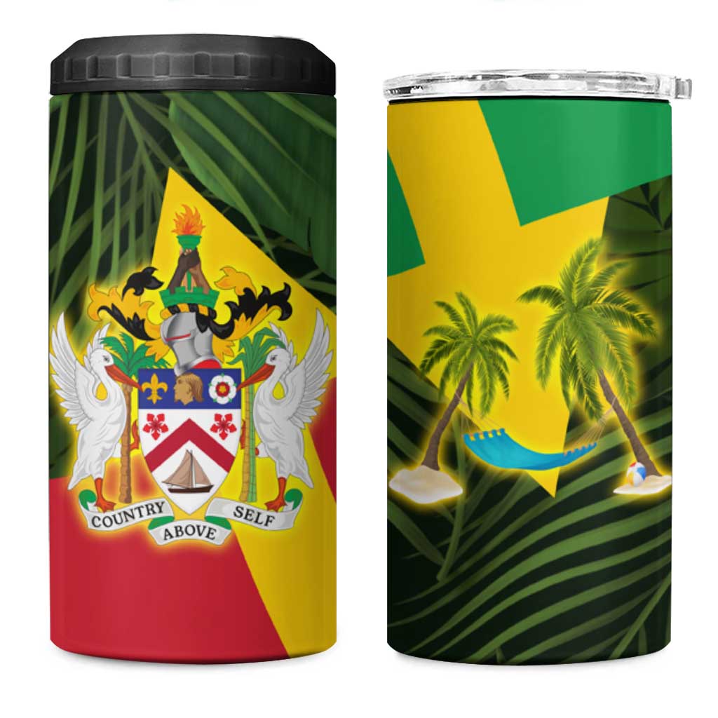 Saint Kitts and Nevis Apparel 4 in 1 Can Cooler Tumbler with Coat of Arms, Palm Trees, and Hammock Graphic in Tropical Green and Flag-Inspired Design - Wonder Print Shop