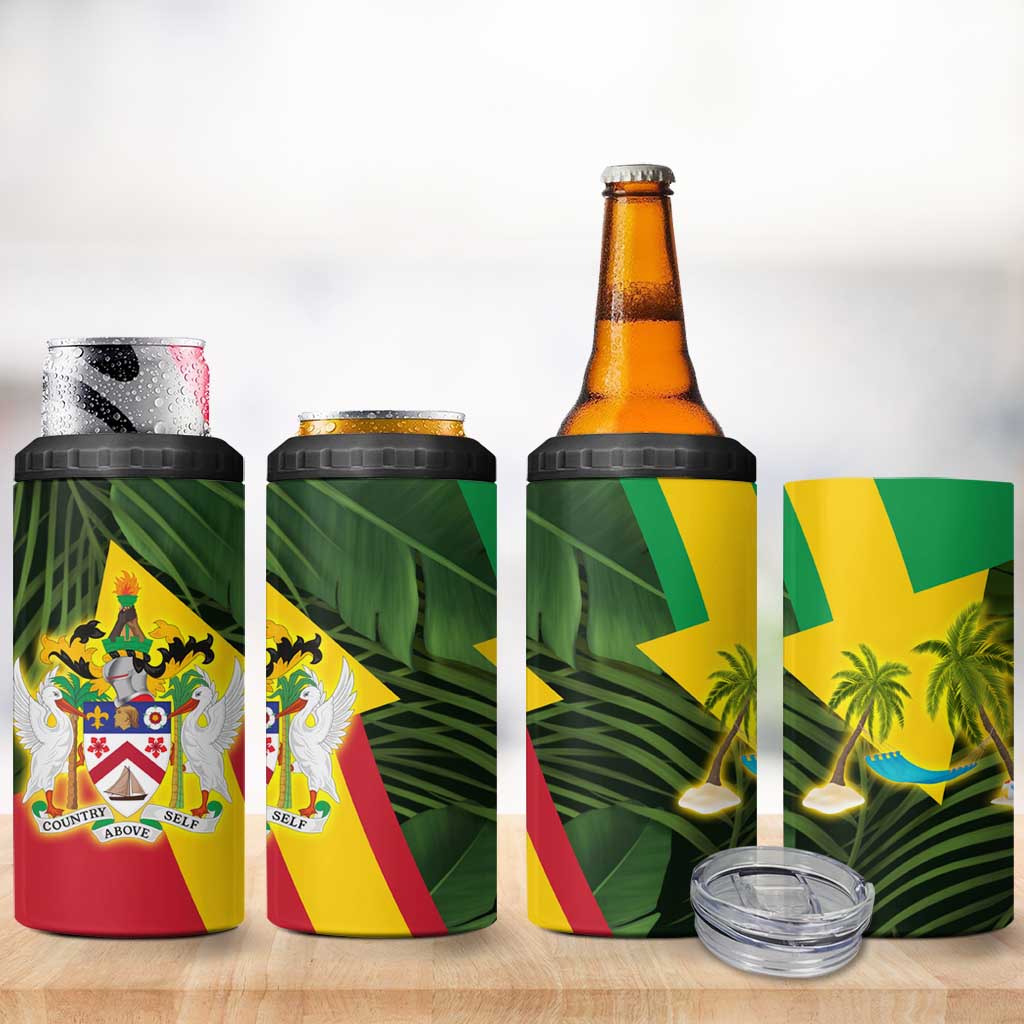Saint Kitts and Nevis Apparel 4 in 1 Can Cooler Tumbler with Coat of Arms, Palm Trees, and Hammock Graphic in Tropical Green and Flag-Inspired Design - Wonder Print Shop
