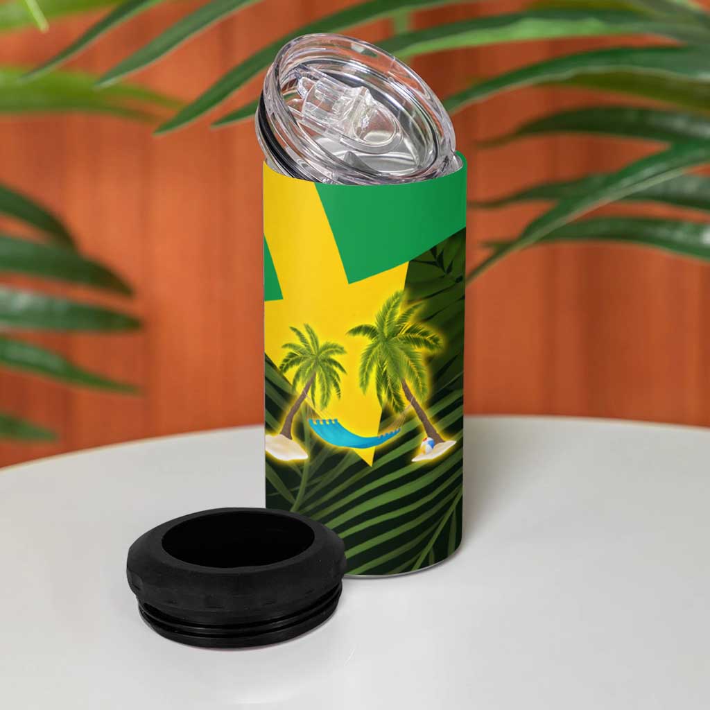 Saint Kitts and Nevis Apparel 4 in 1 Can Cooler Tumbler with Coat of Arms, Palm Trees, and Hammock Graphic in Tropical Green and Flag-Inspired Design - Wonder Print Shop
