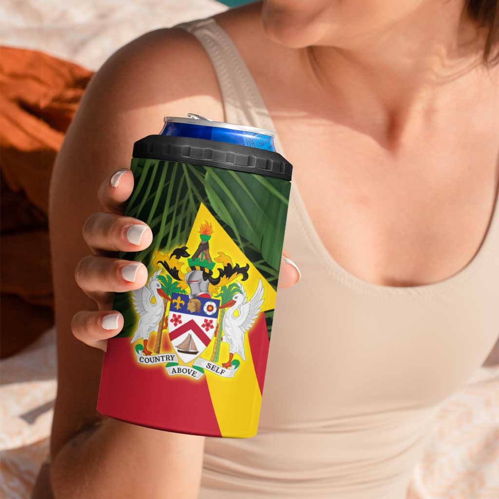 Saint Kitts and Nevis Apparel 4 in 1 Can Cooler Tumbler with Coat of Arms, Palm Trees, and Hammock Graphic in Tropical Green and Flag-Inspired Design - Wonder Print Shop
