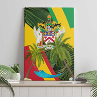 Saint Kitts and Nevis Apparel Canvas Wall Art with Coat of Arms, Palm Trees, and Hammock Graphic in Tropical Green and Flag-Inspired Design - Wonder Print Shop