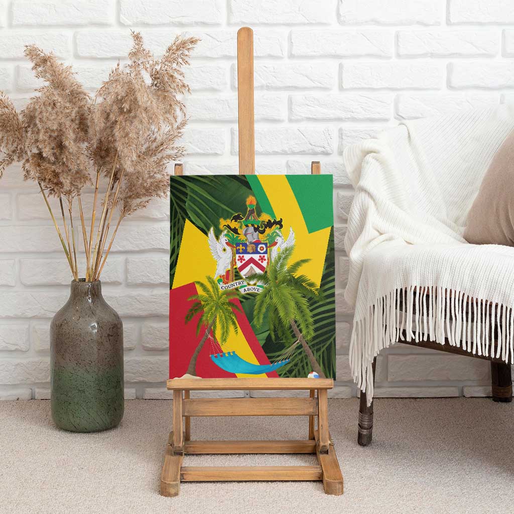 Saint Kitts and Nevis Apparel Canvas Wall Art with Coat of Arms, Palm Trees, and Hammock Graphic in Tropical Green and Flag-Inspired Design - Wonder Print Shop