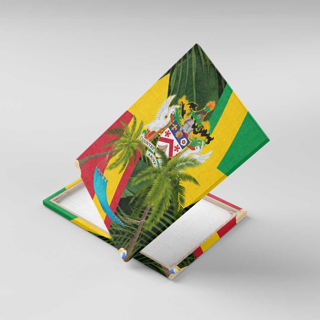 Saint Kitts and Nevis Apparel Canvas Wall Art with Coat of Arms, Palm Trees, and Hammock Graphic in Tropical Green and Flag-Inspired Design - Wonder Print Shop