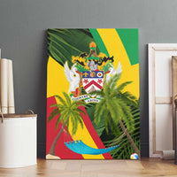 Saint Kitts and Nevis Apparel Canvas Wall Art with Coat of Arms, Palm Trees, and Hammock Graphic in Tropical Green and Flag-Inspired Design - Wonder Print Shop