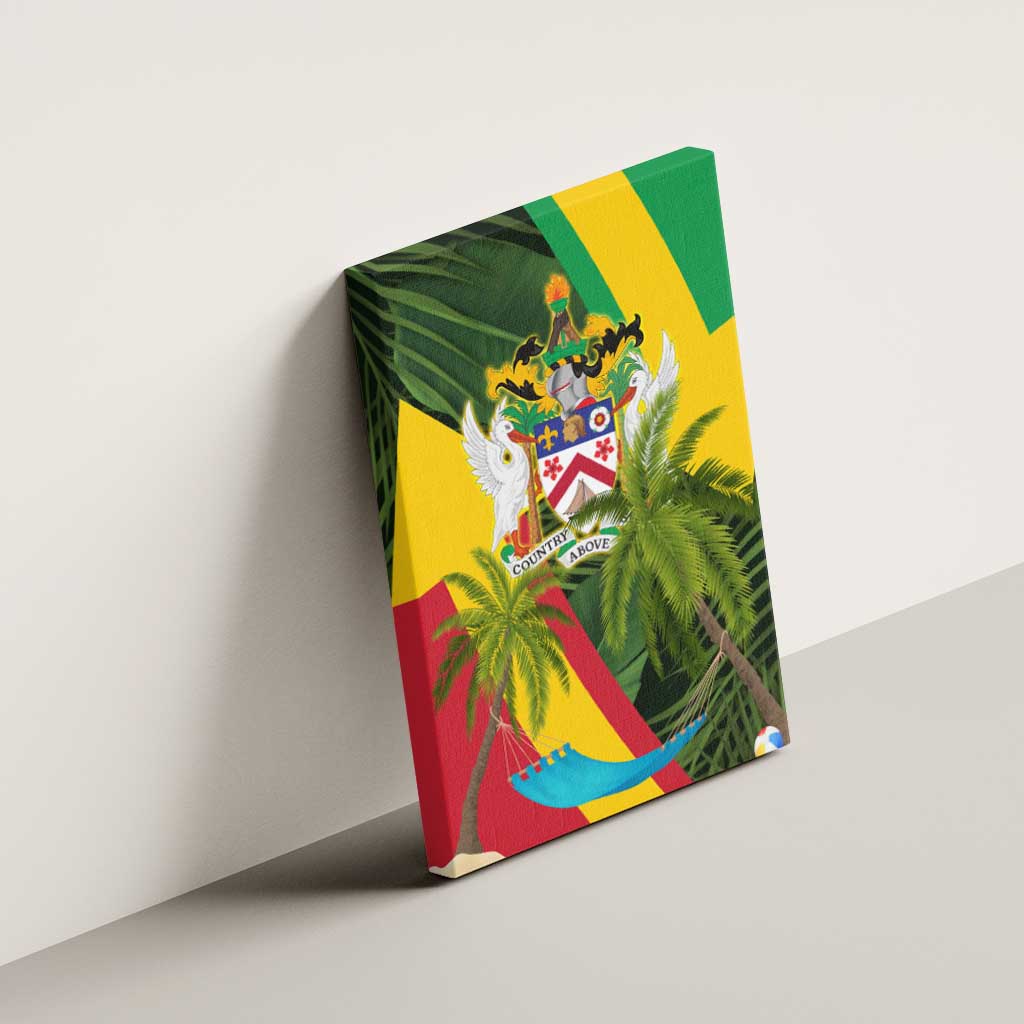 Saint Kitts and Nevis Apparel Canvas Wall Art with Coat of Arms, Palm Trees, and Hammock Graphic in Tropical Green and Flag-Inspired Design - Wonder Print Shop