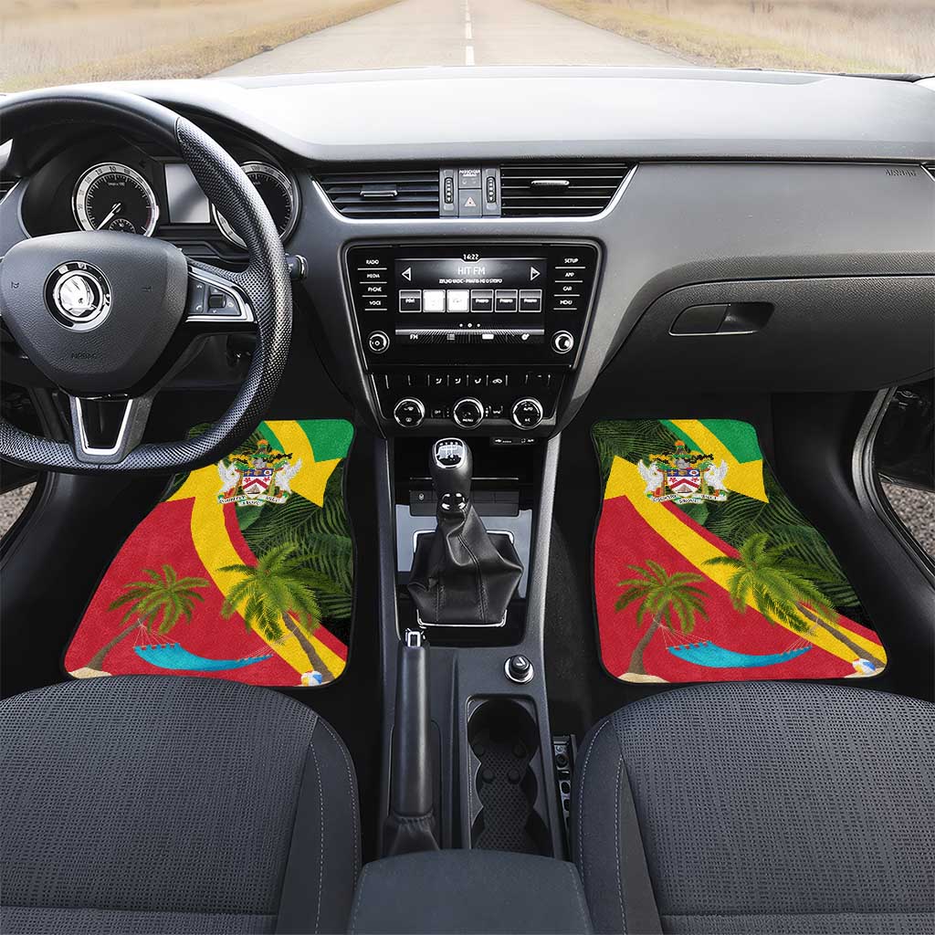 Saint Kitts and Nevis Apparel Car Mats with Coat of Arms, Palm Trees, and Hammock Graphic in Tropical Green and Flag-Inspired Design - Wonder Print Shop