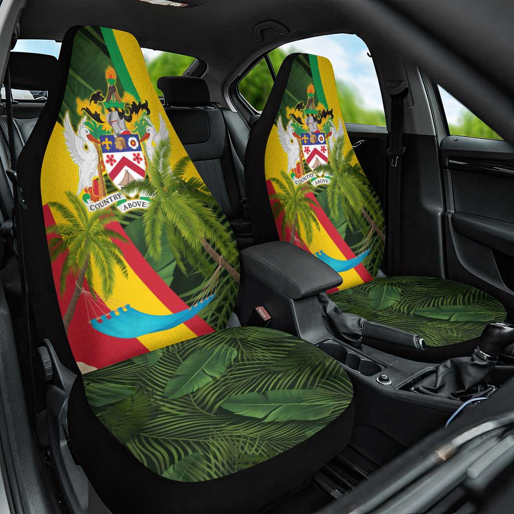 Saint Kitts and Nevis Apparel Car Seat Cover with Coat of Arms, Palm Trees, and Hammock Graphic in Tropical Green and Flag-Inspired Design - Wonder Print Shop