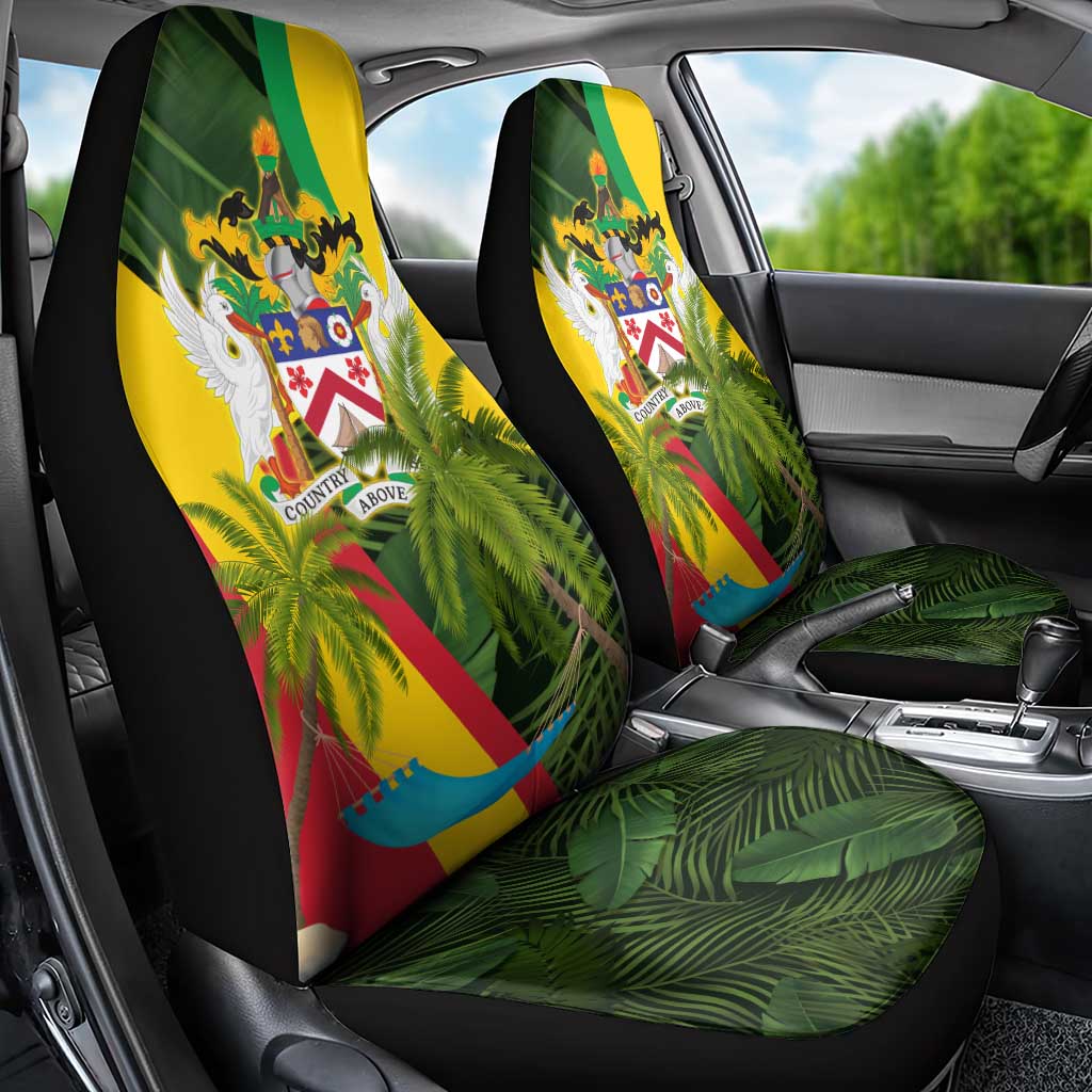 Saint Kitts and Nevis Apparel Car Seat Cover with Coat of Arms, Palm Trees, and Hammock Graphic in Tropical Green and Flag-Inspired Design - Wonder Print Shop